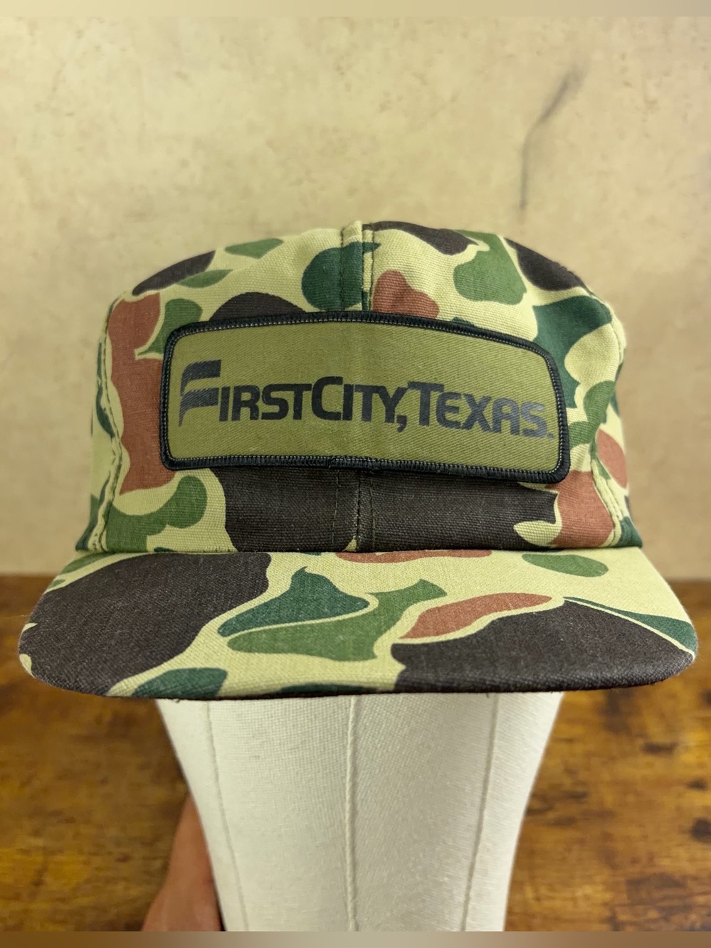 Vintage Camo Trucker Hat Snapback First City Texas Made in USA